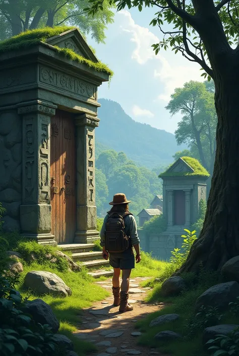 An explorer surrounded by tombs in a forest and a village behind him
