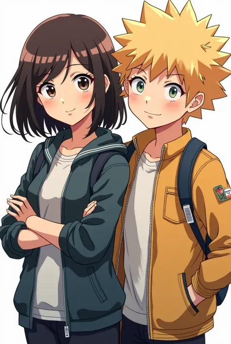 A girl,, my hero academia style, Medium dark brown messy hair to a little below the shoulders, smiling slightly, with Denki Kaminari at his side 