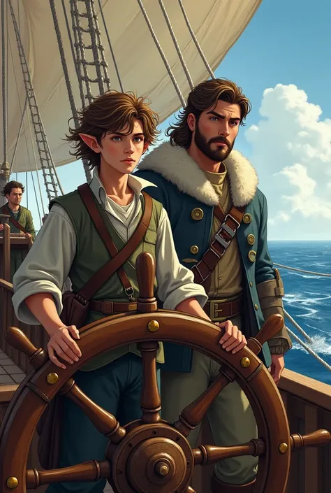 2 males at sea on the deck of a large carho sailing ship, male 1 is a  boy Elf at the wheel, looking nervous. It is his first time taking the helm. He has medium length brown hair, blowing in the wind, pointy ears, Male 1 has no facial hair.  Male 2 is adu...