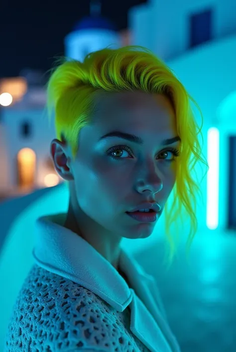 Bioluminescent masutepiece,award - winning photo, Extremely detailed,santorini, greece, cyberpunk style, , Russian yellow hairs model has a very distinctive face structure. They tend to have high cheekbones, which gives their faces an angular shape. Their ...