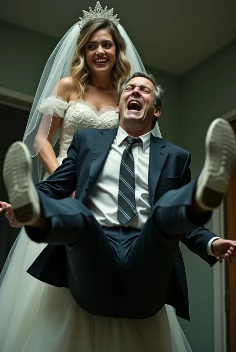 Generate an image of a man being dragged by his feet asking for help dressed in a suit by a woman dressed as a happy bride with a realistic defiant look