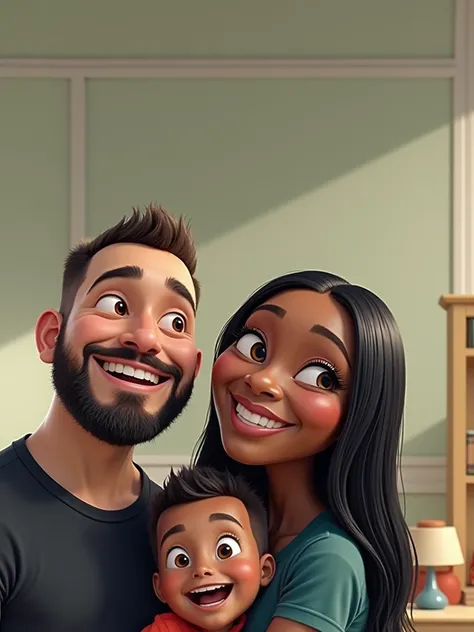 Disney Pixar Animated Family of 2, he is white and she is black, They are excited, The mother is wearing a black t-shirt, The father wears a red shirt, and jockey, everyone has a big smile