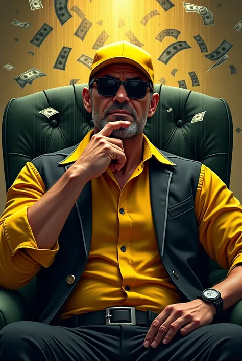 A 2 man with black sunglasses, with yellow cap and black lines. Must have a yellow and black shirt. in the background, A shower of money. The boy must be sitting, as if it were a throne and must be serious, touching his chin as if he were doubting 