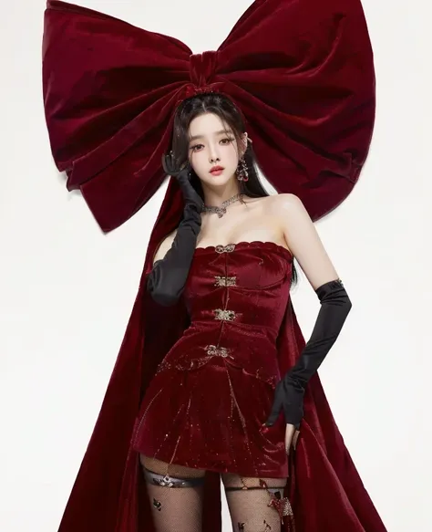 a woman in a red dress and black gloves posing for a picture, dressed in red velvet, sha xi, red velvet, full body xianxia, orna...