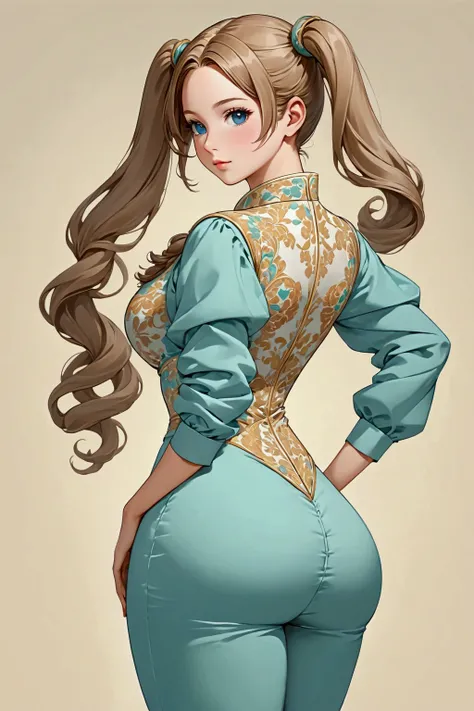 A 2 girl, short in stature but with a prominent figure, including a prominent bust, big hips and a round butt. He has light brown hair, hairstyle in two pigtails that fall over her shoulders. She is wearing clothes that accentuate her figure., with a moder...