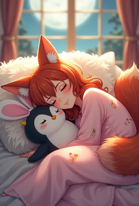 A woman with copper colored long hair fox ears and a fox tail (she is wearing pink bubble tea pajamas) , she sleeps on a fluffy bed. A cuddly fox lies next to her, a penguin cuddly toy in a bunny costume is with her. Moonlight through the window.