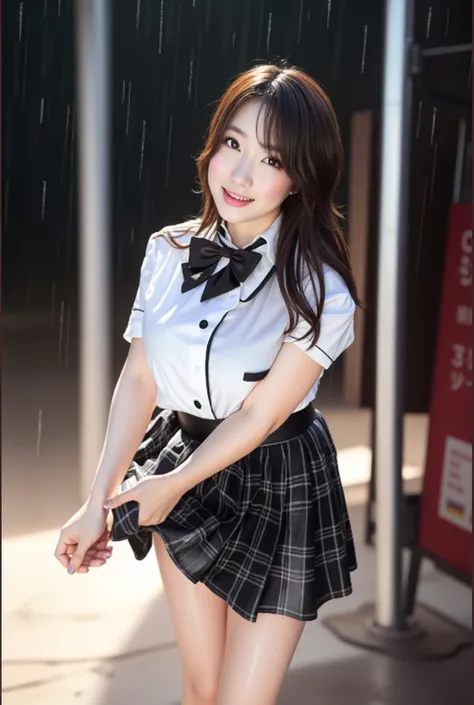 (High resolution), (8k), (Very detailed), (Highest quality),, (masterpiece),a beautiful woman,　High school girls, cowboy shot, ((Standing in a covered bus stop:1.2))、(She is wringing out her rain-soaked skirt with both hands.)。around 18years old. Fair skin...