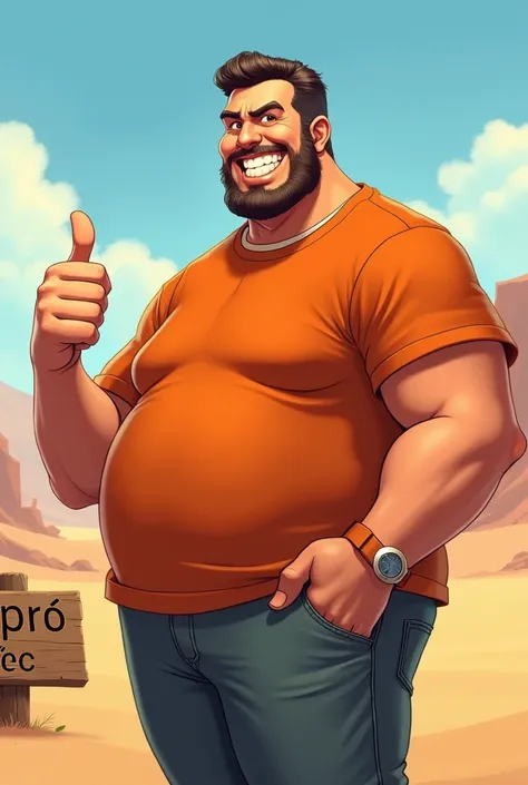 A fat, tall and big man, dressed in a red shirt with a name "pt" with short shoes. In the middle of an empty desert with land, and a wooden plaque that has fallen written botuporã   ( Notes: This man does not have a beard, his appearance is similar to the ...