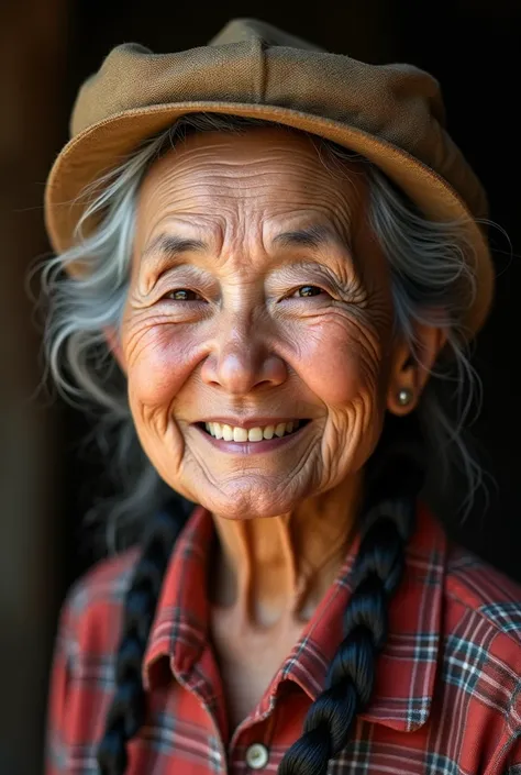 80 year old woman with braids, small hat ,broad nose, harmonious and plump face. Without so many wrinkles 

