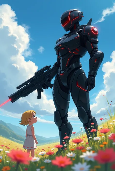 A futuristic soldier in a black suit with red luminous details with a laser weapon, watching a young blonde haired girl,  glasses, with school clothes and a shy smile, in a field of flowers, anime style image 