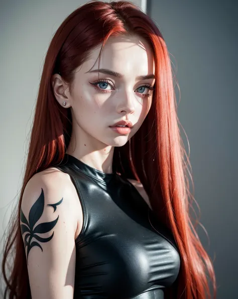 Arafed Woman with long red hair and a black top, sophie mudd portrait, with long hair and piercing eyes, with tattoos, Anna Nikolanova aka Newmilky, with pale skin, Beautiful Kacey Rohl, Aryan brand, Soft, pale skin, beautiful model joven, Billie Eilish, F...