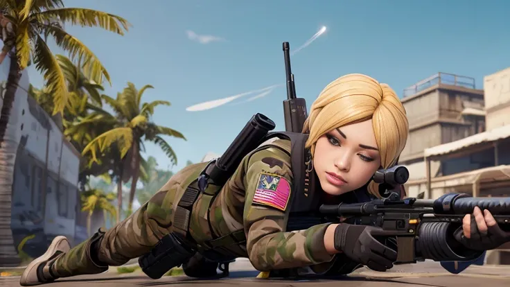 fortnite ,chica sexy , Seductive position ,green eyes,Beautiful girl,perfect body,Big breasts, seductive look ,sensual legs,in a battle environment,on fortnite island ,en prone position,on 4 legs ,Eyes closed, open mouth ,realistic ,boogie grenades,blonde ...