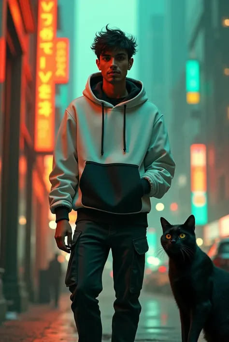 An Indian youth, his face fully revealed, stands confidently amidst the cybernetic cityscape. Adorned in a white and black hoodie, he exudes a sense of urban style and intrigue. Soft orange and green lights gently illuminate the scene, accentuating his fea...