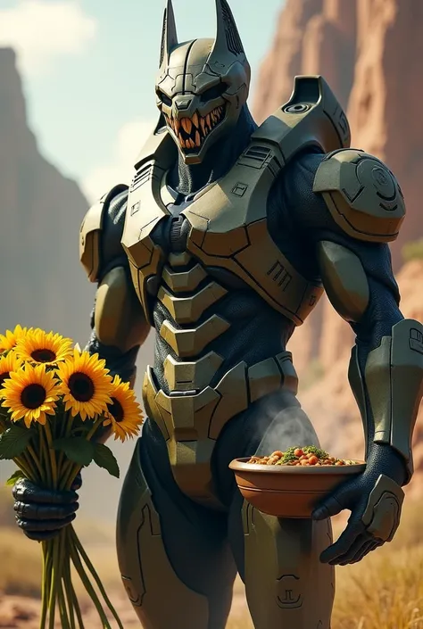 Elite creature from the Halo video game, Sangheili tall and muscular alien warrior from the Halo universe. It has four jaws, scaly skin and wears advanced armor, with a bouquet of yellow flowers in her left hand, sunflowers, right hand a plate of pozole, M...