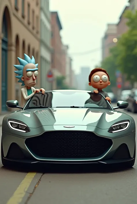 The picture of Rick and Morty standing next to an Aston Martin leaning against the car 