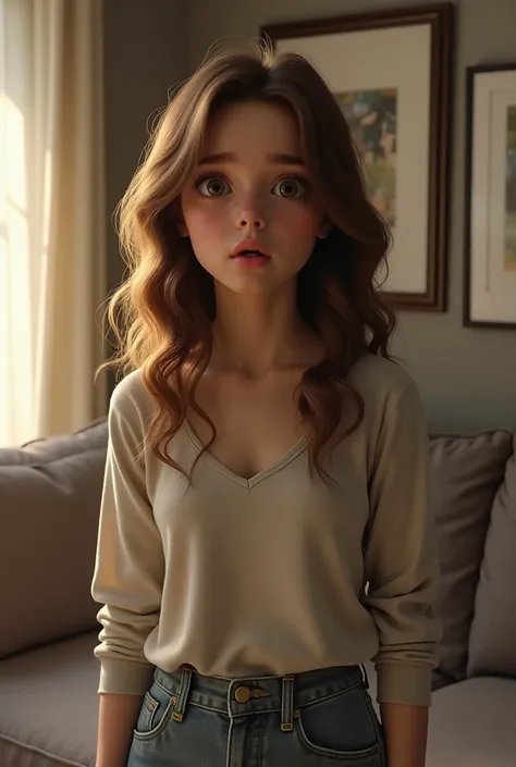 On one side of the shot there is a young lady standing next to the living room sofa. She is 1, her skin is white, her hair is brown and wavy, and she is surprised. 