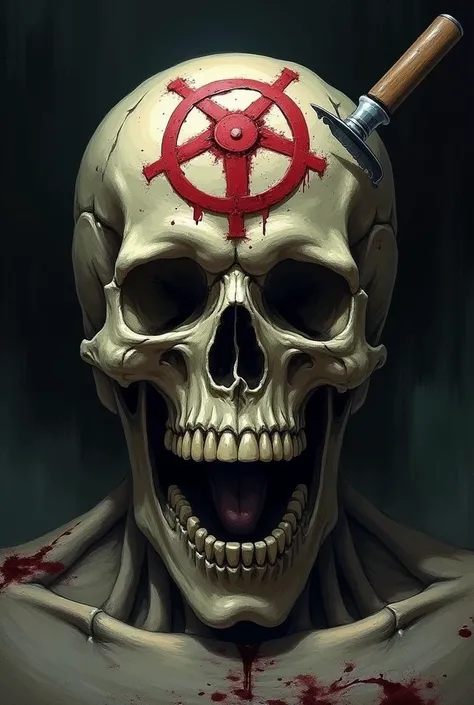 The skull has the symbol of the world government from One Piece and a knife stuck in the skull. 