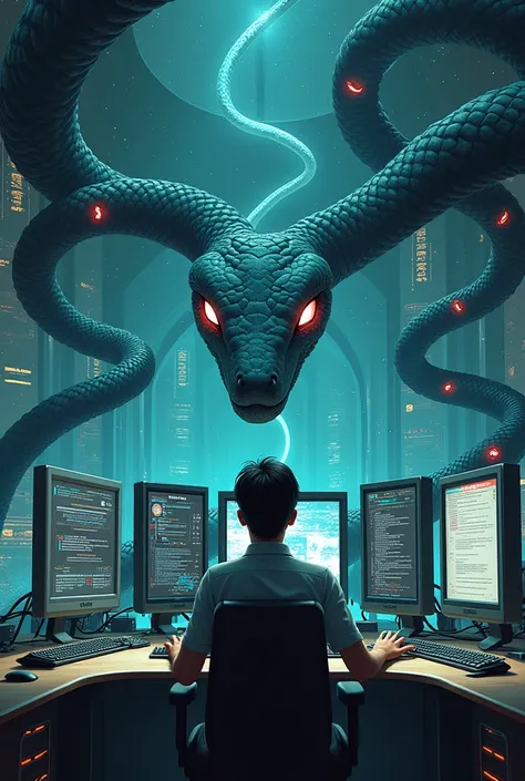 Create a nerdy looking man. he must wear glasses, have black hair, being surrounded by computers in a snake-inspired command center