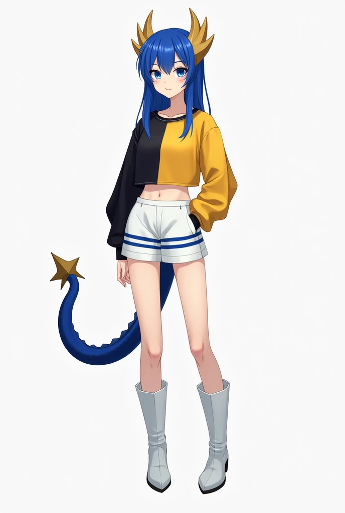 anime oc, female, dragon race, no tail just a pair of soft golden horns, blue hair, partially tied back, straight bangs, yellow and black cropped sweatshirt, white layered shorts with blue stripes, white knee-high boots, hand in pocket, standing pose, focu...