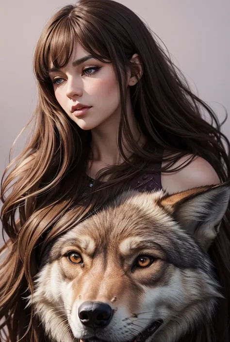 1 woman next to a wolf with brown fur, big wolf, serious, 2 woman, Alone, High resolution, long hair, Long bangs, brown hair, mouth closed, FULL LIPS, Lilac eyes, breasts, Blush, throw, minimalism, best quality, makeup, Bright pupils, Seriously, simple bac...