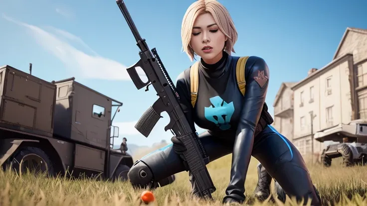 fortnite ,chica sexy , Seductive position ,green eyes,Beautiful girl,perfect body,Big breasts, seductive look ,sensual legs,in a battle environment, ,Eyes closed, open mouth ,realistic ,blonde hair, chest to ground position,while aiming a sniper rifle at a...