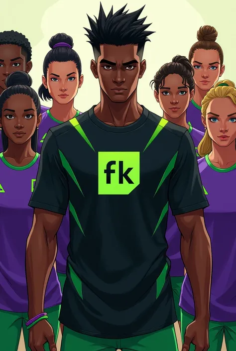 A dark-skinned man with spiky hair, He is a kinesiologist and has a black t-shirt with green details., dice "FK" in the center of the shirt. He is surrounded by female soccer players in purple shirts., other whites, other green ones