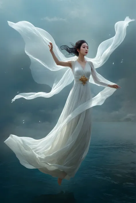 a woman in a white dress is flying over a body of water, concept art by leng mei, cgsociety contest winner, fantasy art, veiled ...