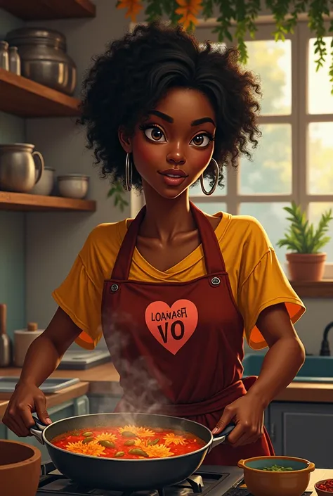 an empowered black Brazilian woman in the kitchen with a heart written life 