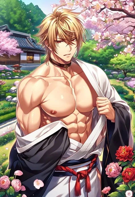 absurdres, highres, ultra detailed, HDR, master piece, best quality, extremely detailed, detailed eyes, detailed face, Otome Style, Kazama Chikage, honey blonde hair, expressive red eyes, Hakuouki, solo, sexy man, manly man, horny, lewd, handsome, fantasy,...