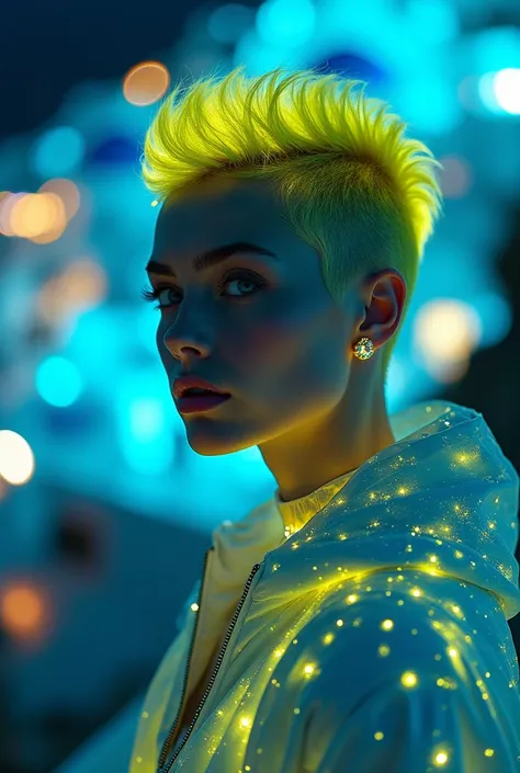 Bioluminescent masutepiece,award - winning photo, Extremely detailed,santorini, greece, cyberpunk style, , Russian yellow hairs model has a very distinctive face structure. They tend to have high cheekbones, which gives their faces an angular shape. Their ...