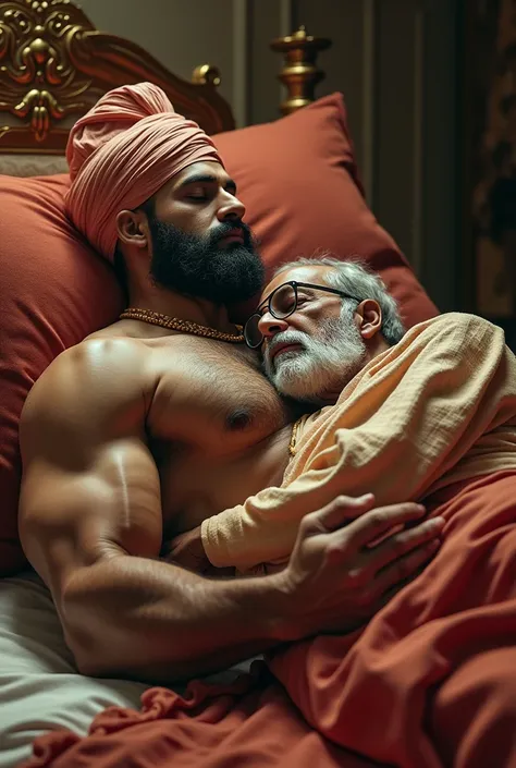 A muscular Indian bodybuilder, dressed in a traditional Maharaja outfit, complete with a turban, kurta, and pyjamas, lies fast asleep on a grand, velvet-covered bed. An elderly man with a long white beard and spectacles, wearing a simple dhoti, sleeps on t...