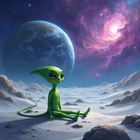  Green alien sitting on the moon with a nebula in the background 