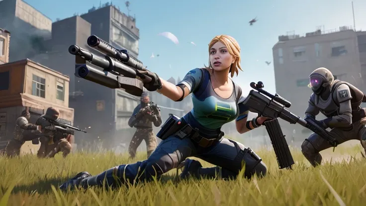 fortnite ,chica sexy , Seductive position ,green eyes,Beautiful girl,perfect body,Big breasts, seductive look ,sensual legs,in a battle environment, ,Eyes closed, open mouth ,realistic ,blonde hair, chest to ground position,while aiming a sniper rifle at a...