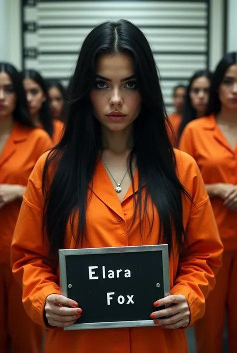 ((instagram model,)) (long black hair),  prison mugshot,  (prisoner lineup) , orange prison  jumpsuit , holds a sign in her hand with the writing ELARA FOX 