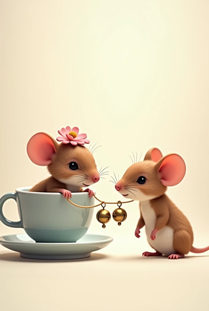 Two cute little mice in one picture. They are brown and light cream in color. One of the mice is inside a small crystal cup and has a pink flower on its head. The other mouse is outside the cup. They are holding a string with two little bells at the end. T...