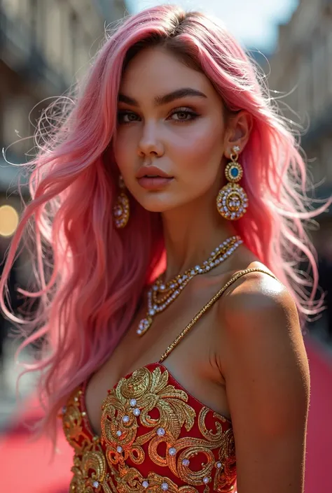 High Resolution, Masterpiece, Accurate, Anatomically Correct, Award Winning, Best Quality, Detail, HD, High Details, High Quality, Quality, Super Detailed, UHD, Textured Skin, Long WAvy PINK Hair, Earrings, Makeup, european girl ,milano fashion week red ca...