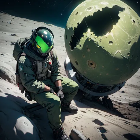  Green alien sitting on the moon with a nebula in the background 