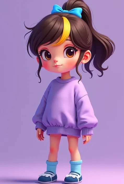 A brunette teenage girl, with a ponytail and a lock of bangs painted yellow, wearing a pastel purple sweatshirt, light blue and dark blue striped long socks, black shoes and a blue bow in her hair and a purple background behind her