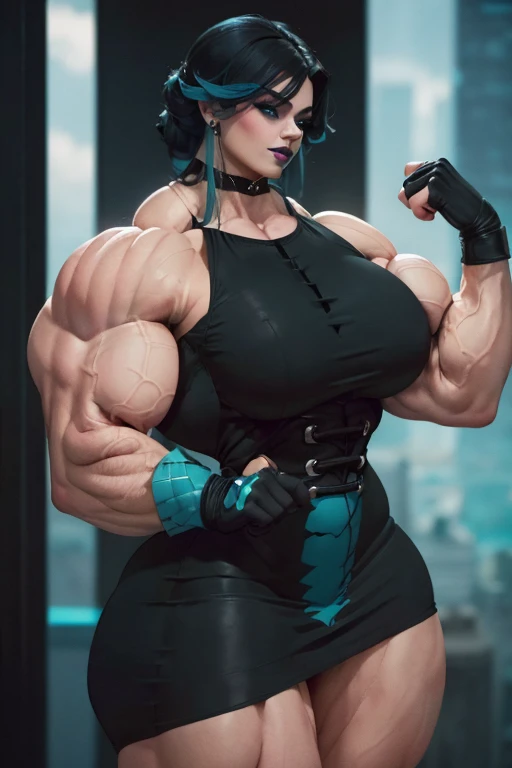 (((Close-up))), tall, ((cyan hair)), beautiful muscular woman, long curvy hair, pale white skinned, closed smile, large breast, (black lipstick), (massive muscles), (hyper muscle), (((ginormous bulky muscles))), purple eyes, ((((black beautiful minidress))...