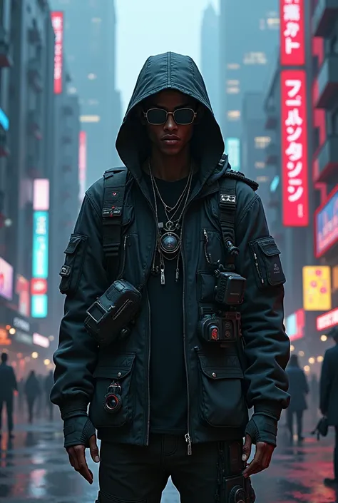 man character, in a hood, geek style, cyberpunk