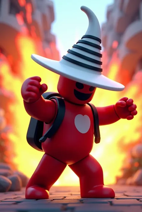 a red amogus, with a long white hat with a black stripe, with a black backpack on his back, make him pose with jojo effects with a stand behind him, in a roblox avatar version