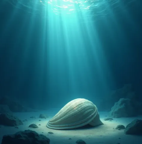 A shell nestled on the ocean floor surrounded by the deep blue sea. The shell is closed and solitary, emanating a sense of calm and contentment. Rays of light filter through the water, illuminating the shells resting place.