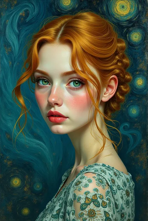 Van Gogh style album cover of a young woman with green eyes 