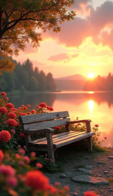 A bench surrounded by flowers was located at a lake with a beautiful sunset.