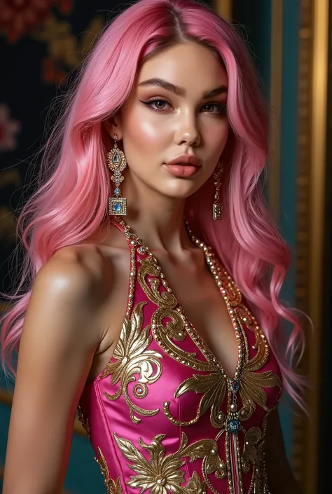 High Resolution, Masterpiece, Accurate, Anatomically Correct, Award Winning, Best Quality, Detail, HD, High Details, High Quality, Quality, Super Detailed, UHD, Textured Skin, Long WAvy PINK Hair, Earrings, Makeup, european girl ,milano fashion week red ca...