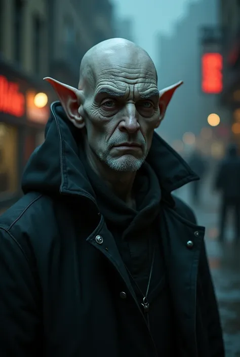 (photorealism, 1.2) european bald male, extreme pale skin, curved, male, dark city during night, tired old man, vampire, pointy ears, demon vampire