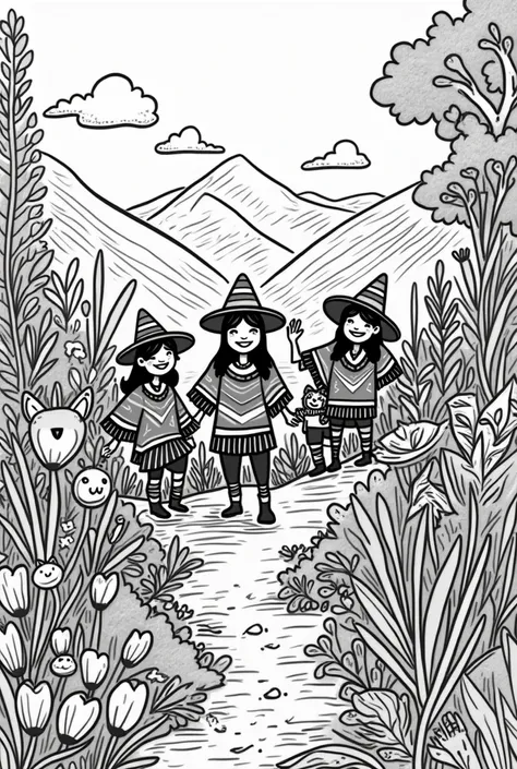 Generate a drawing,cartoon style, sketch type, Without colors, Aimed at children, from the Andean region of Colombia, with its inhabitants, Flora and fauna