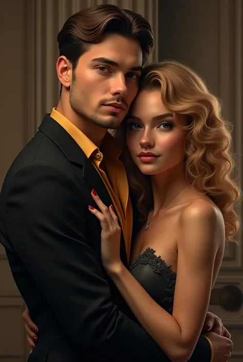 A young man with a thin beard, black suit and gold shirt, hugging a curly-haired blonde woman from behind 