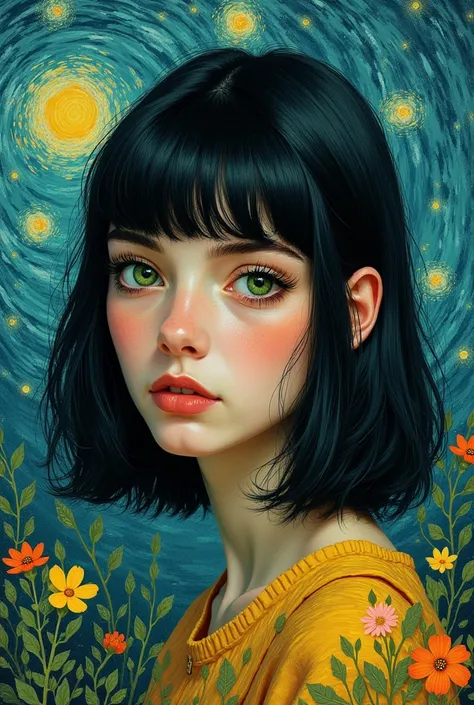 Van Gogh style album cover of a young woman with green eyes and shoulder length black hair with bangs