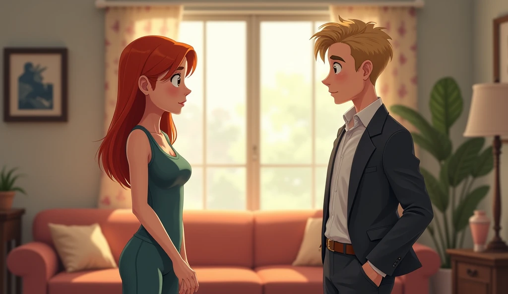 a pretty straight haired redhead woman in a surprised gym jumpsuit talking to a well dressed thin blond haired man in a modest living room and a daytime window.